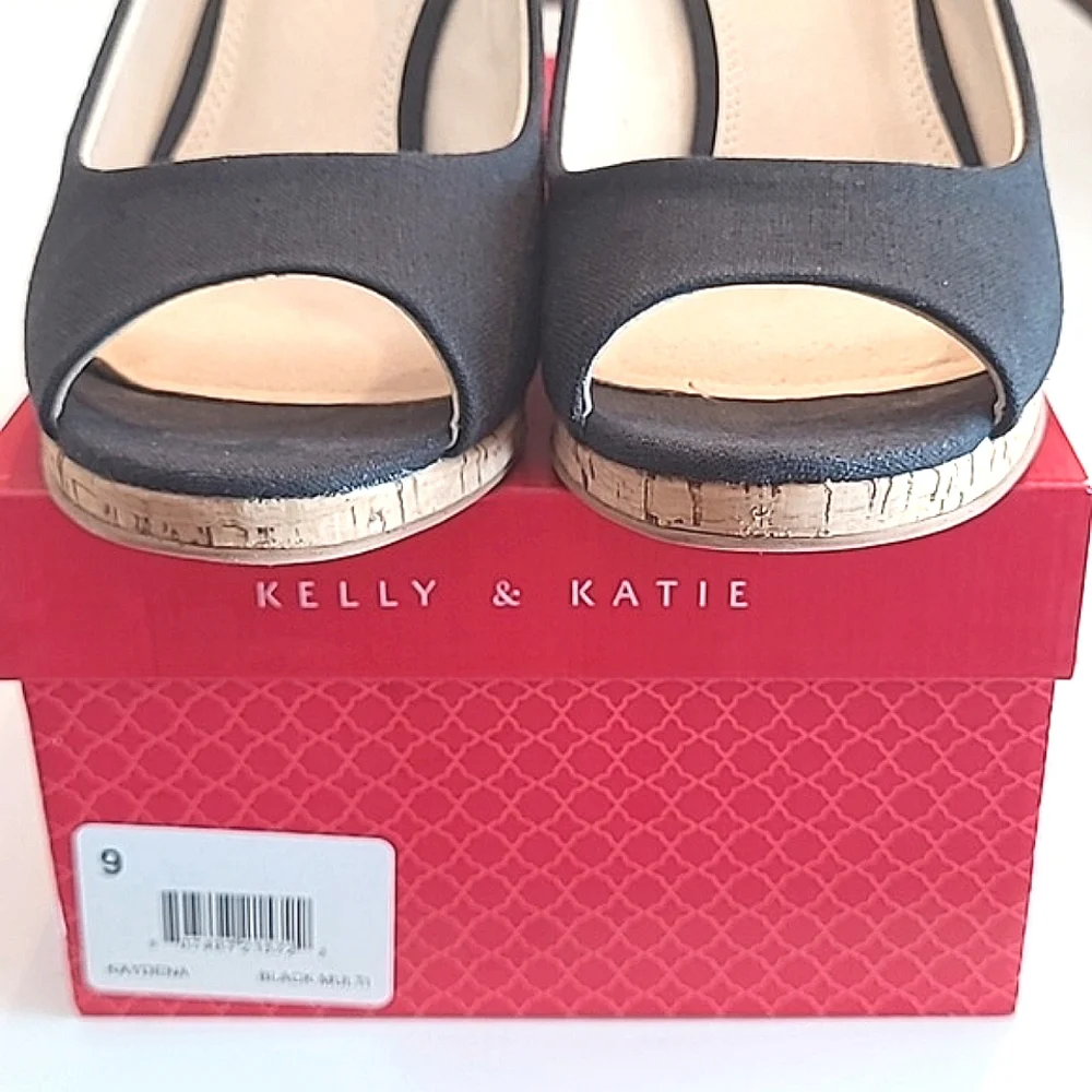 Kelly & Katie Kaydena Wedge Sandals Peep Toe Slip On 3 Inch Heel Canvas Shoes 9